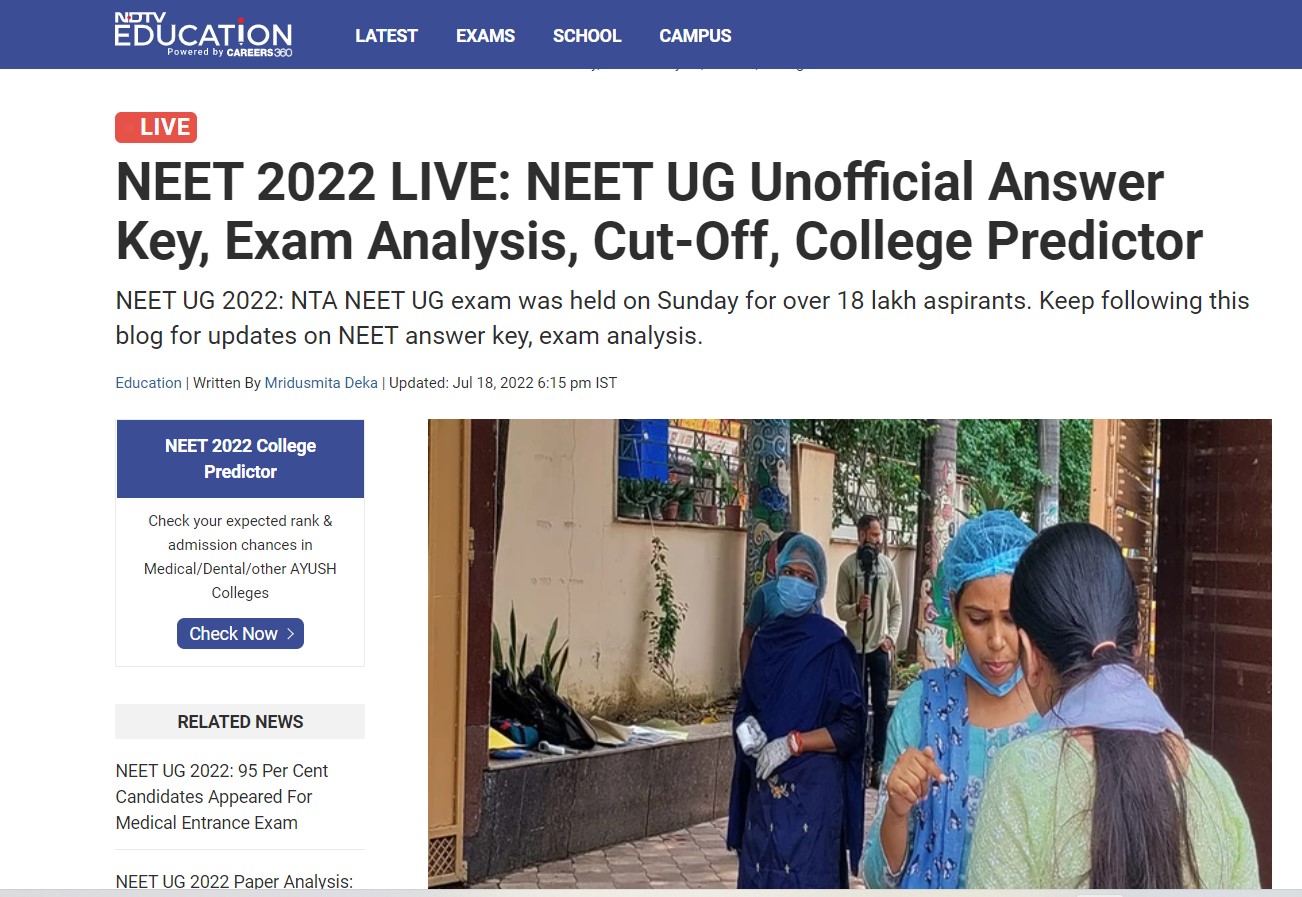 NEET 2022 Live: NEET UG answer key pdf available, cut off, solved papers, result date, college predictor image